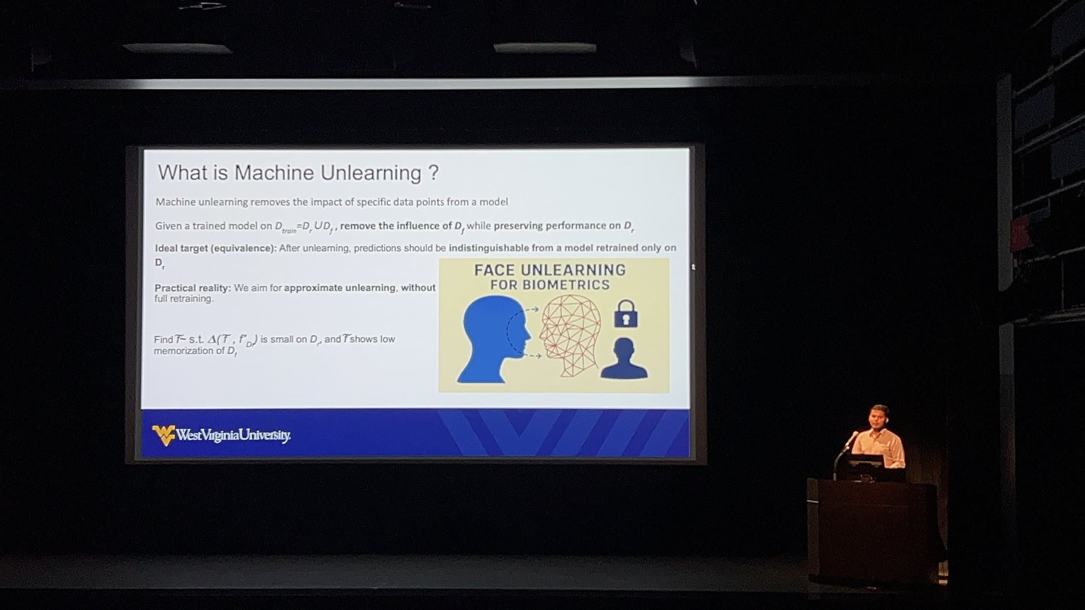 Shivam presenting a slide titled 'What is Machine Unlearning?' with a face-unlearning-for-biometrics diagram, at a lectern.